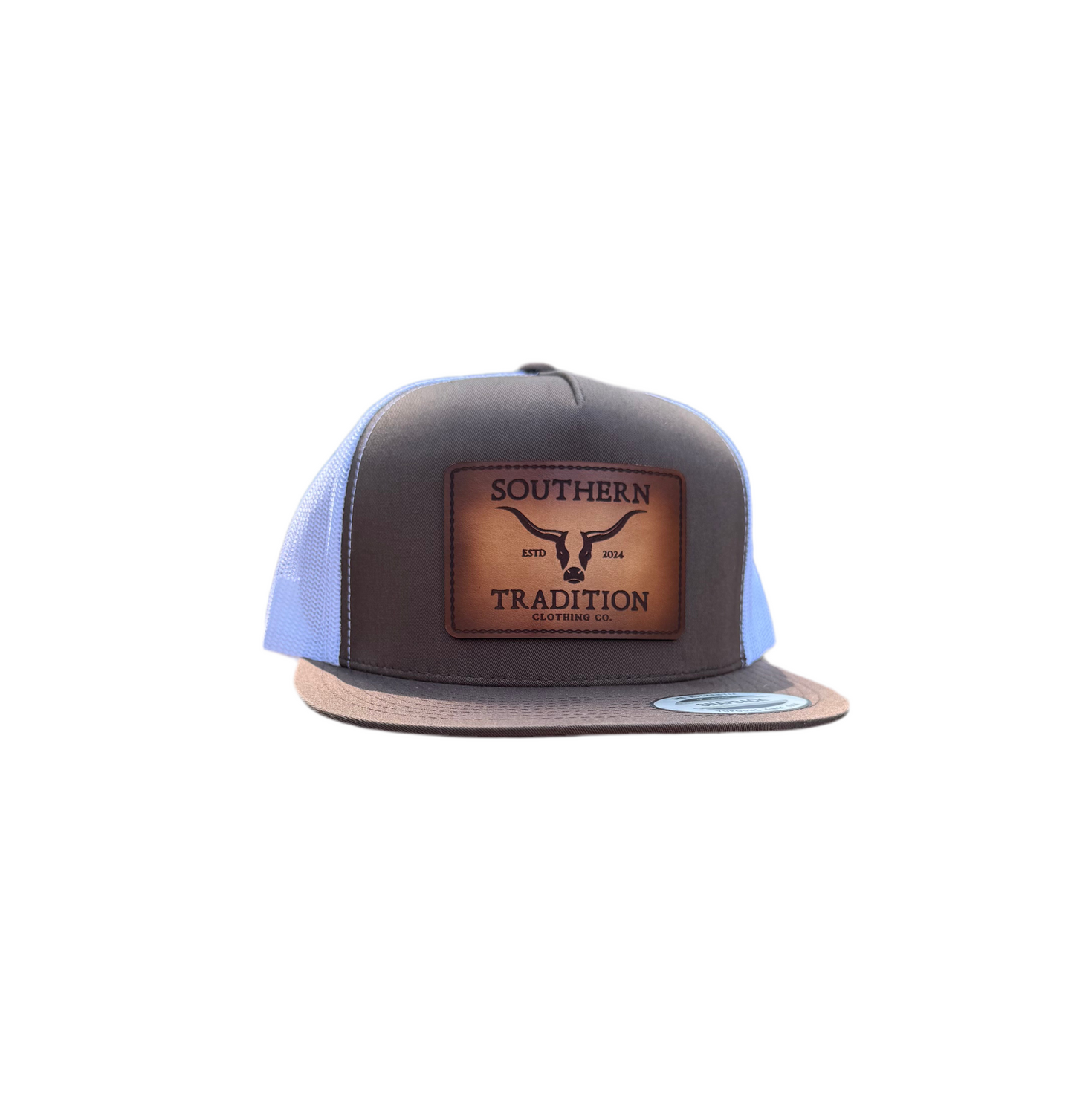 Brown & White Flat Bill Trucker