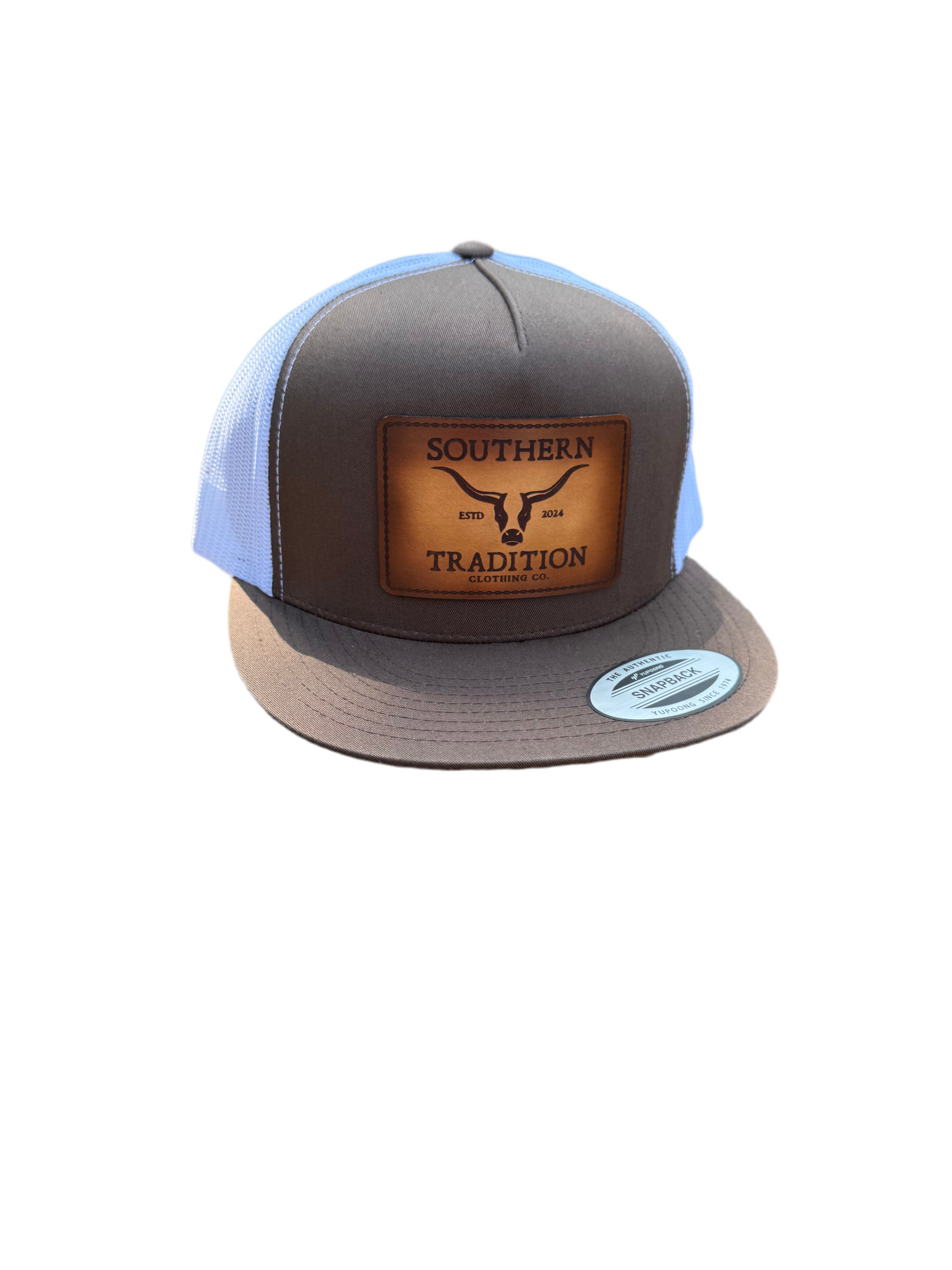 Brown & White Flat Bill Trucker